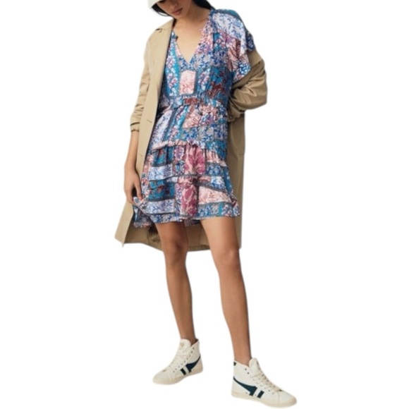 Anthropologie Robin Tiered Mini Dress Boho Floral Boho Floral - Pink Blue -Small - Picture 3 of 12